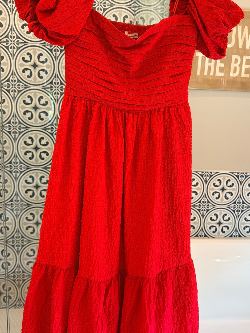 Abercrombie & Fitch Crimson Puff Sleeve Tiered Midi Dress